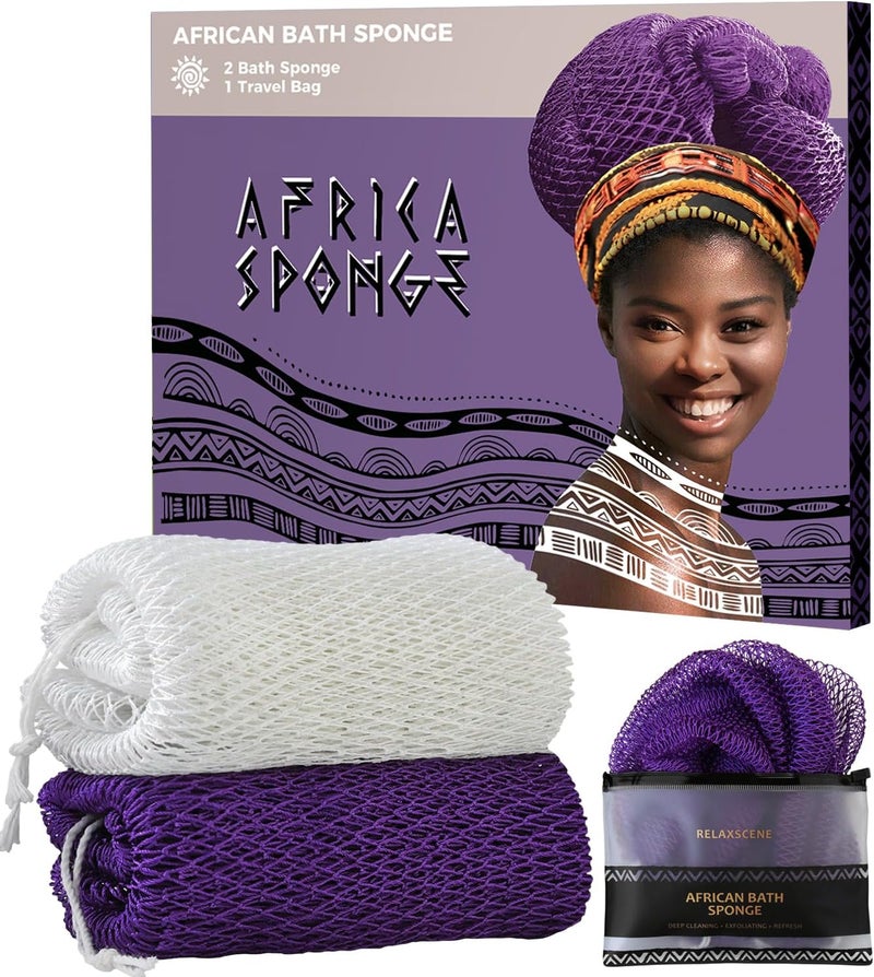 RelaxScene African Net Sponge Authentic - 2 Pieces Exfoliating Body Scrubber Bath Sponge - Back Scrubber Washcloth for Shower White&Purple - Real African Scrub Exfoliator Body Care Bathing Accessorie - Image 1